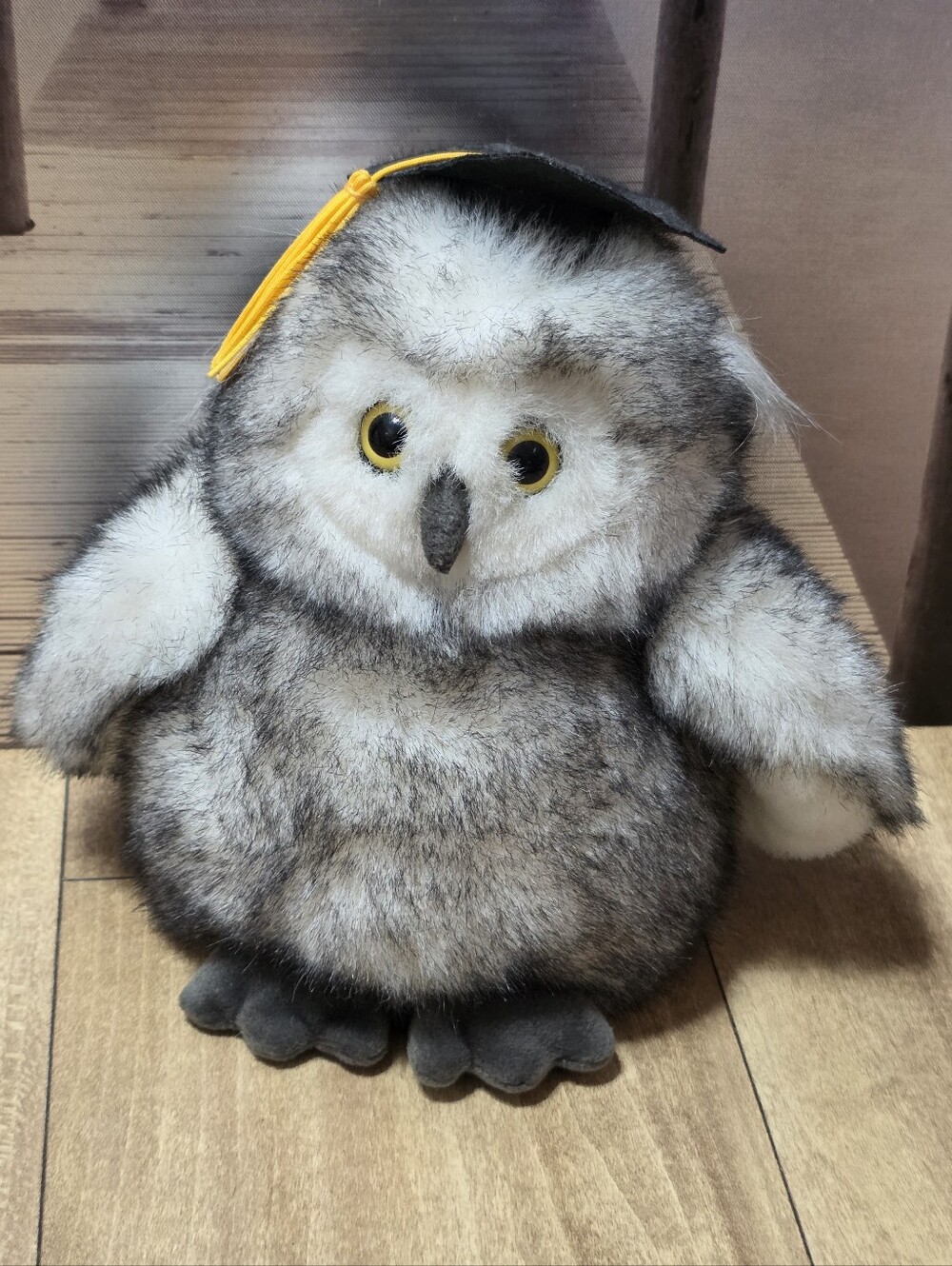 Russ Gray and White Plush Owl with Yellow Tassel